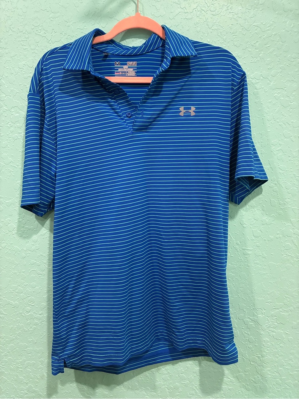 Under Armour Men's Blue Stripe Polo Shirt M performance golf active heatgear